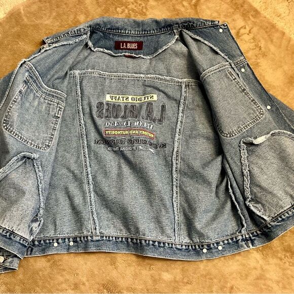 Y2K LA Blues Denim Jacket with Patches SZ XL - Picture 2 of 3